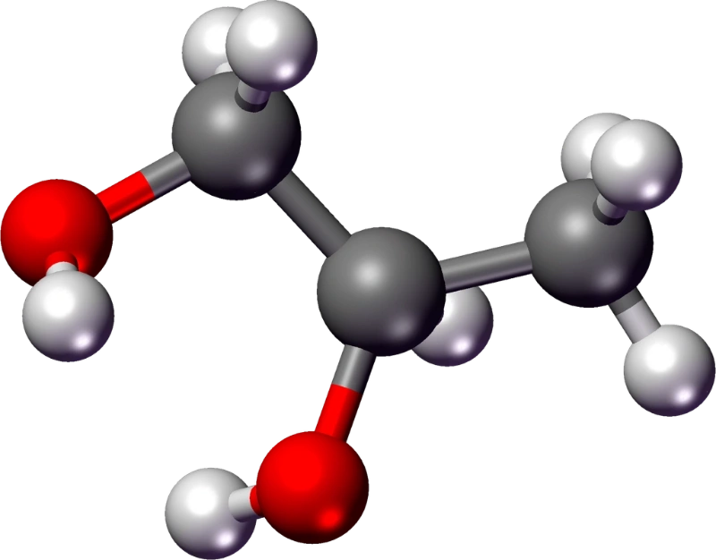 Atomic structure, molecules, red, white, gray. Fabled Sky Research