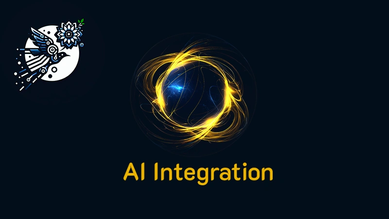 Fabled Sky Research - AI Integration Division Logo and Featured Image. Depicting the Fabled Sky Research Birds + Flowers logo, with stylized division name written below an isometric depiction of artificial intelligence with a fiery yellow color scheme "FSR AI Yellow".