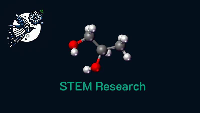 Fabled Sky Research - STEM Research Division Logo and Featured Image. Depicting the Fabled Sky Research Birds + Flowers logo, with stylized division name written below an isometric depiction of a molecular structure with a calm light green color scheme "FSR STEM Green"