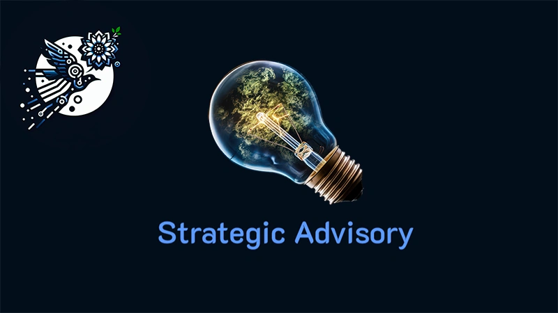 Fabled Sky Research - Strategic Advisory Division Logo and Featured Image. Depicting the Fabled Sky Research Birds + Flowers logo, with stylized division name written below an isometric depiction of a lightbulb with a forest and trees overlay within its filament with a light blue color scheme "FSR Strategic Blue".