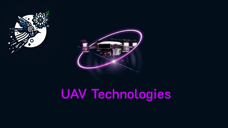 Fabled Sky Research - UAV Technologies Division Logo and Featured Image. Depicting the Fabled Sky Research Birds + Flowers logo, with stylized division name written below an isometric depiction of a UAV (drone) hovering in the place with lights on with a bright magenta color scheme "FSR UAV Pink".