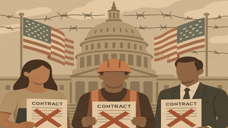 A flat, vector-style illustration shows three faceless figures—a woman, a construction worker, and a businessman—standing in front of a domed government building resembling the U.S. Capitol. Each person holds a contract with a large red X. Two American flags and barbed wire are visible in the background, symbolizing restriction.